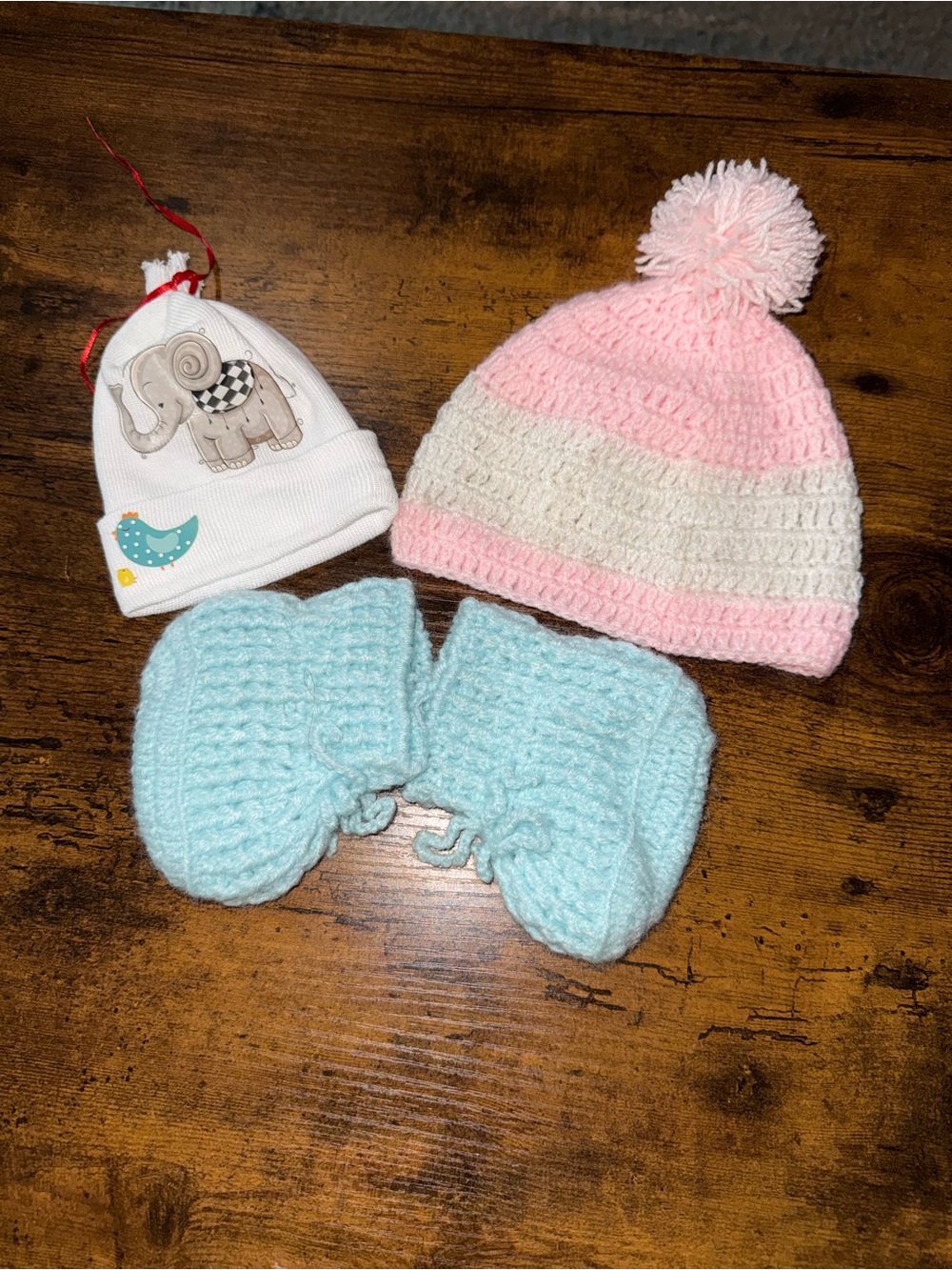 Baby Knit Pom Pom Hat and Booties Set - Pink, Cream, Light Blue
